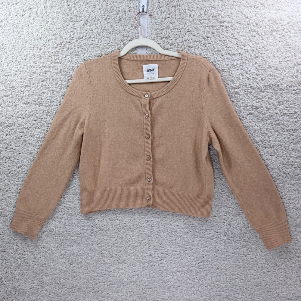 Aerie Cardigan Women Large Camel Alpaca Wool Blend Button Front Cropped Sweater